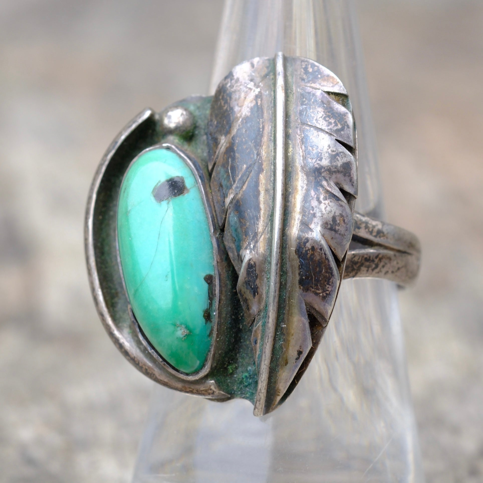 Vintage Sterling Turquoise Feather Ring 8