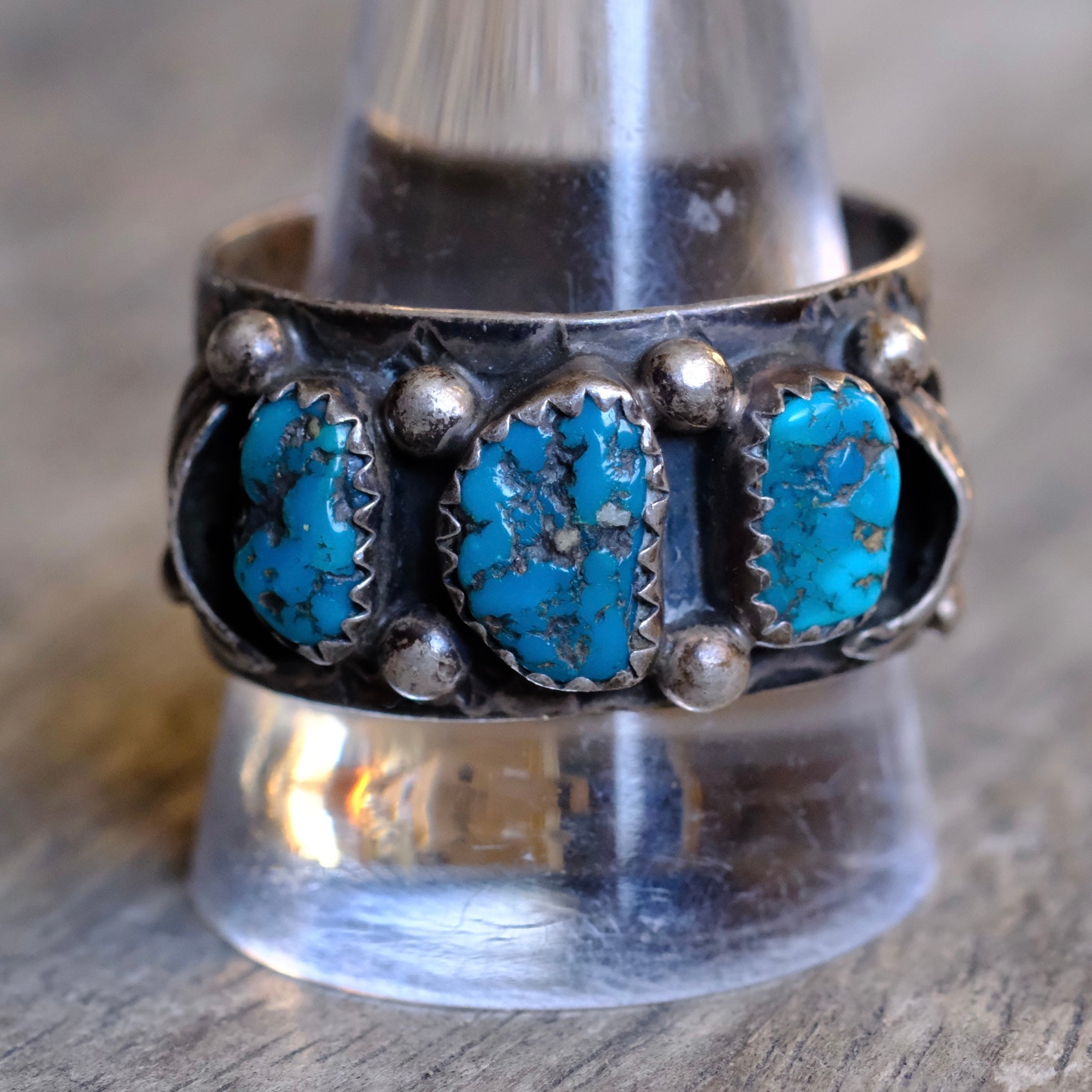 Vintage Navajo Sterling Turquoise Feather Stamped Band Ring Terry Martinez 13