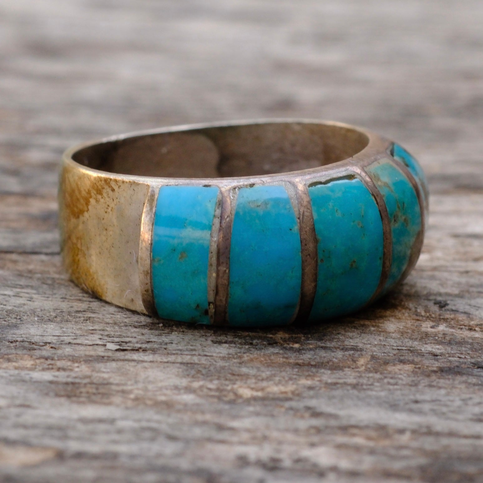 Vintage Sterling Turquoise Inlay Thick Band Ring 10.25