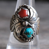 Vintage Sterling Turquoise and Coral Feather Ring 9.75