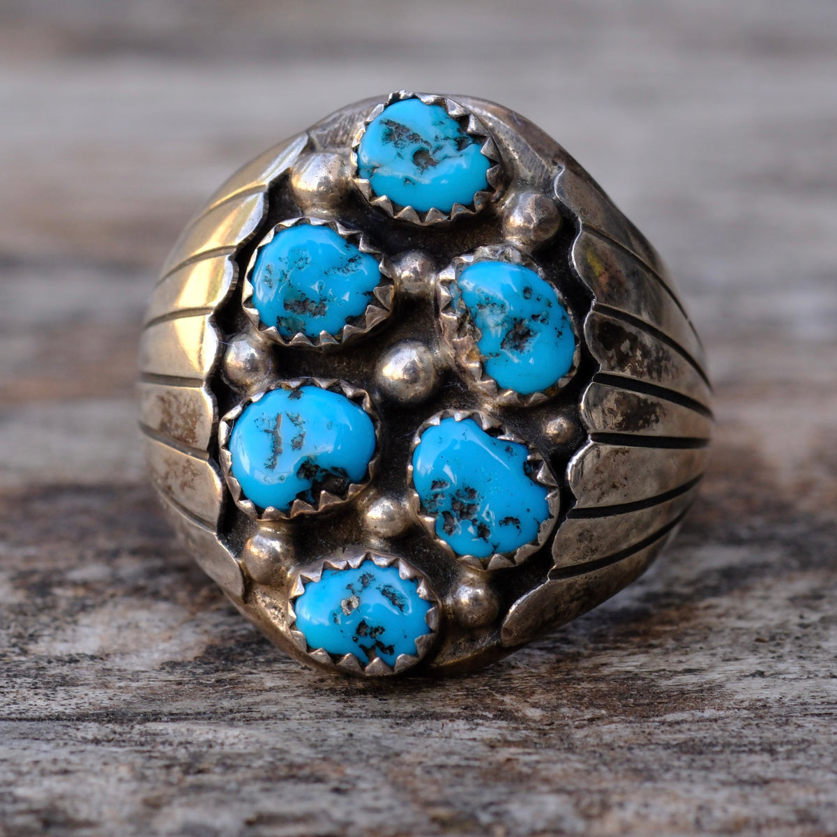 VintageSterling Turquoise Cluster Ribbed Band Ring 11