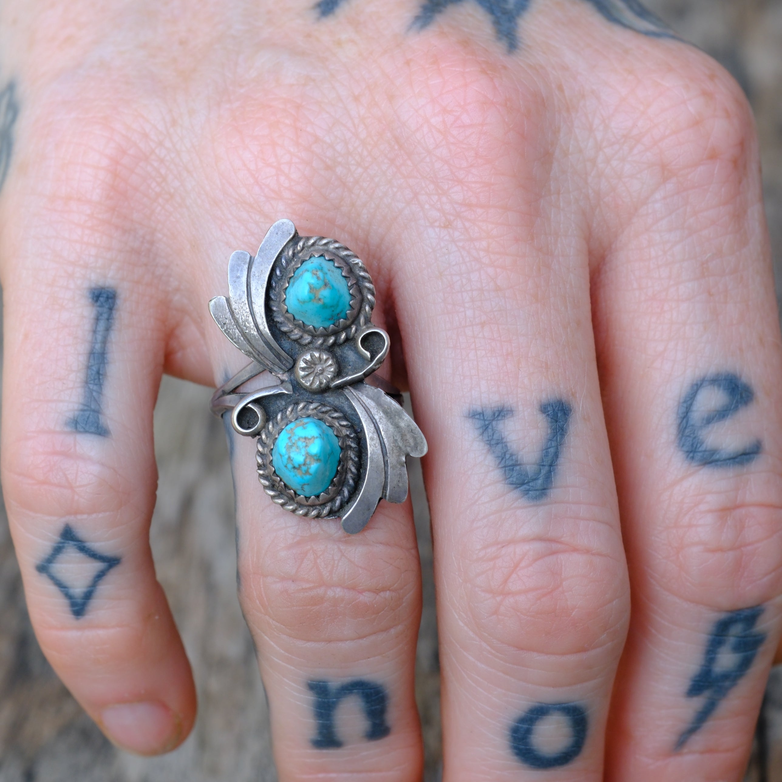 Vintage Sterling 2-Stone Turquoise Ring 6.25