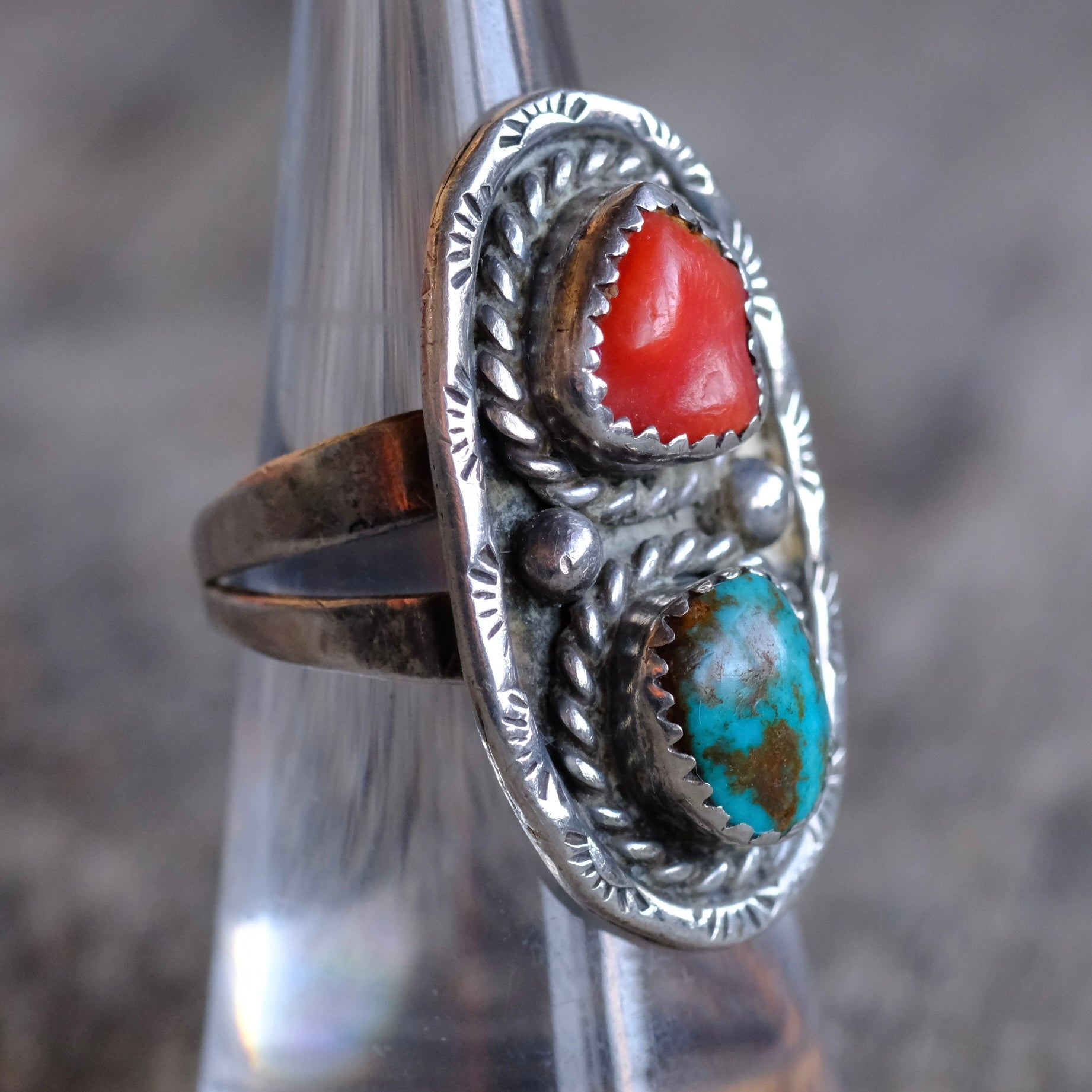 Vintage Sterling Turquoise and Coral Ring 6.75