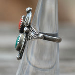 Vintage Sterling Turquoise and Coral Feather Ring 4.75