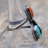 Vintage Sterling Turquoise and Coral Feather Ring 6.5