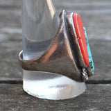 Chunky Vintage Sterling Turquoise and Coral Ring 11.75