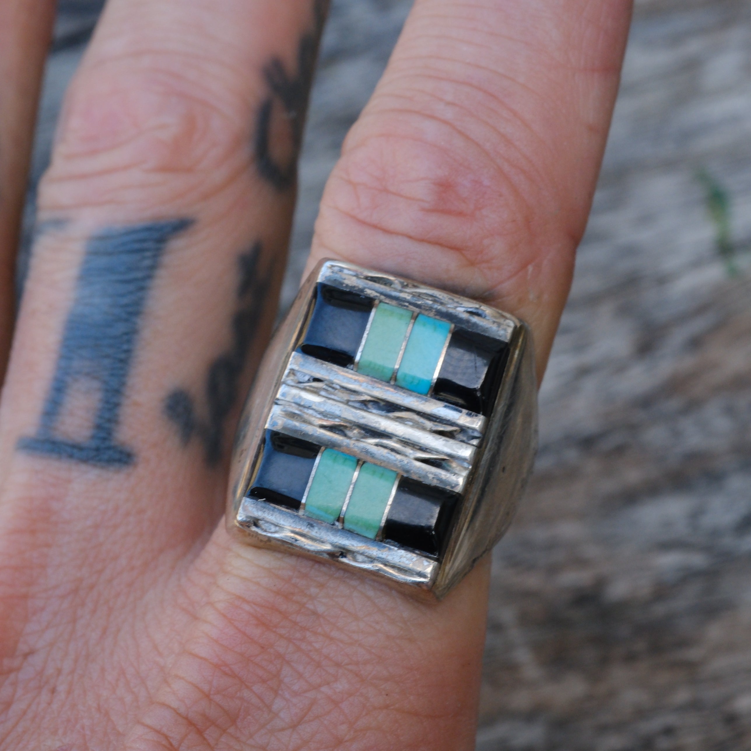 Vintage Sterling turquoise and Onyx Inlay Ring 11
