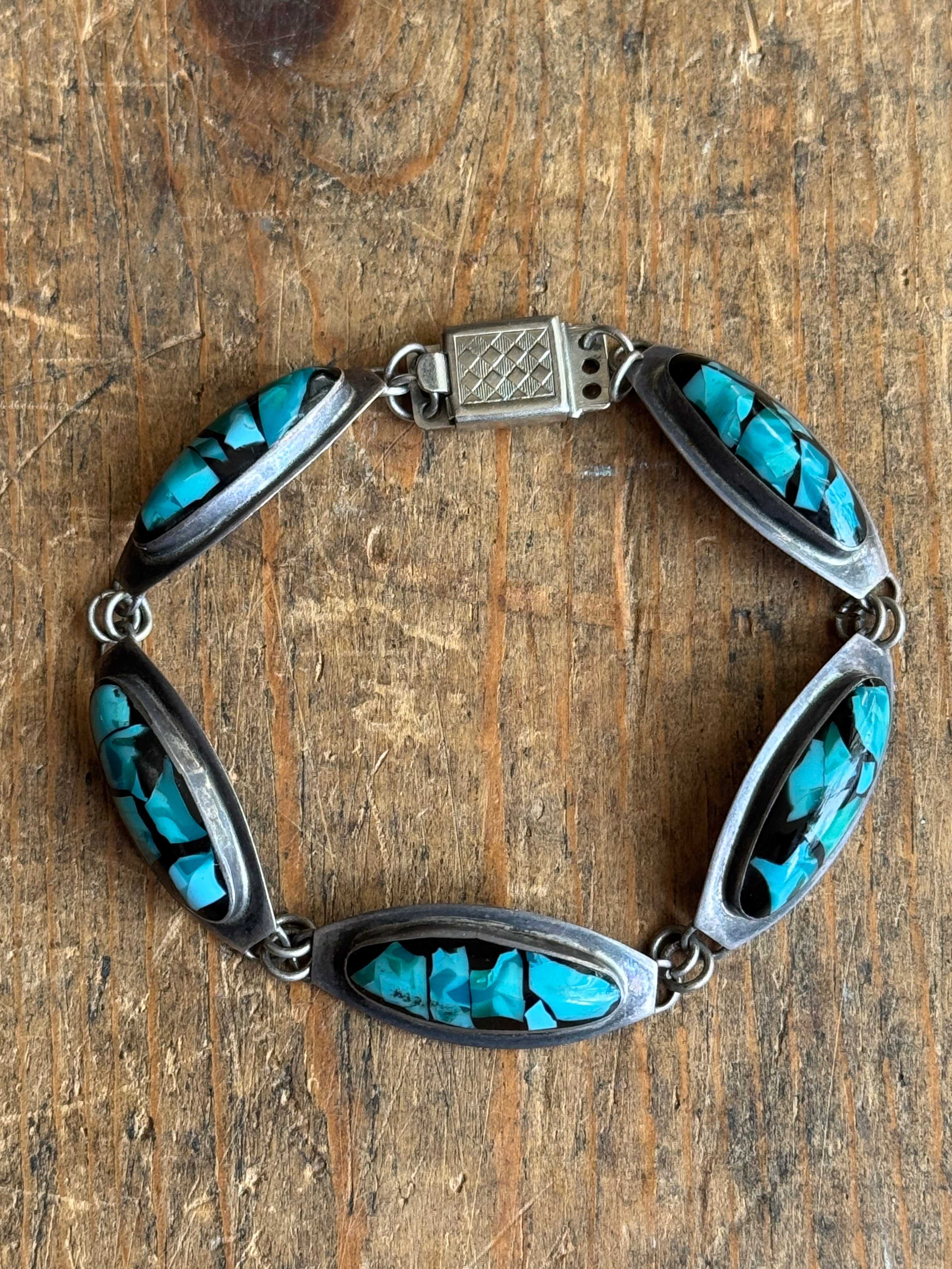Vintage Sterling Silver 6.75” Turquoise Resin Link Bracelet