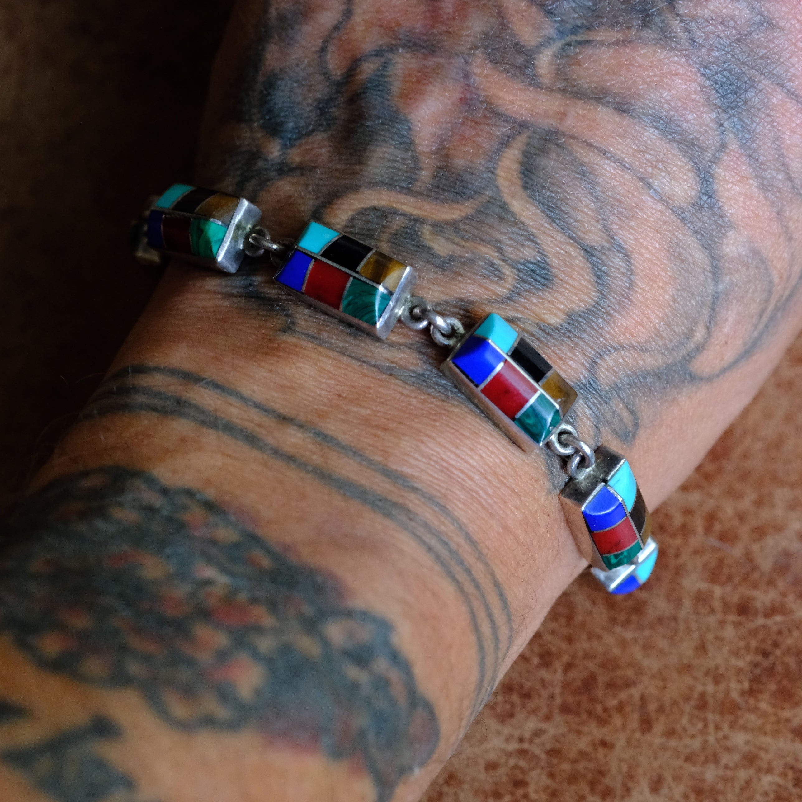 Vintage Sterling Multistone Inlay Link Bracelet