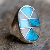 Vintage Sterling Turquoise and Mother of Pearl Inlay Ring 8.25