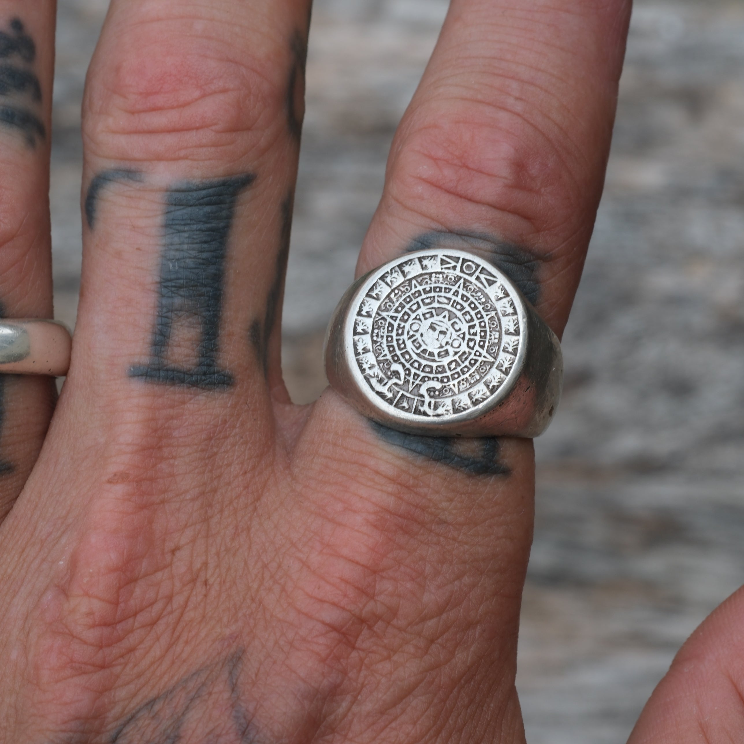 Vintage Sterling Aztec Calendar Ring 9.75