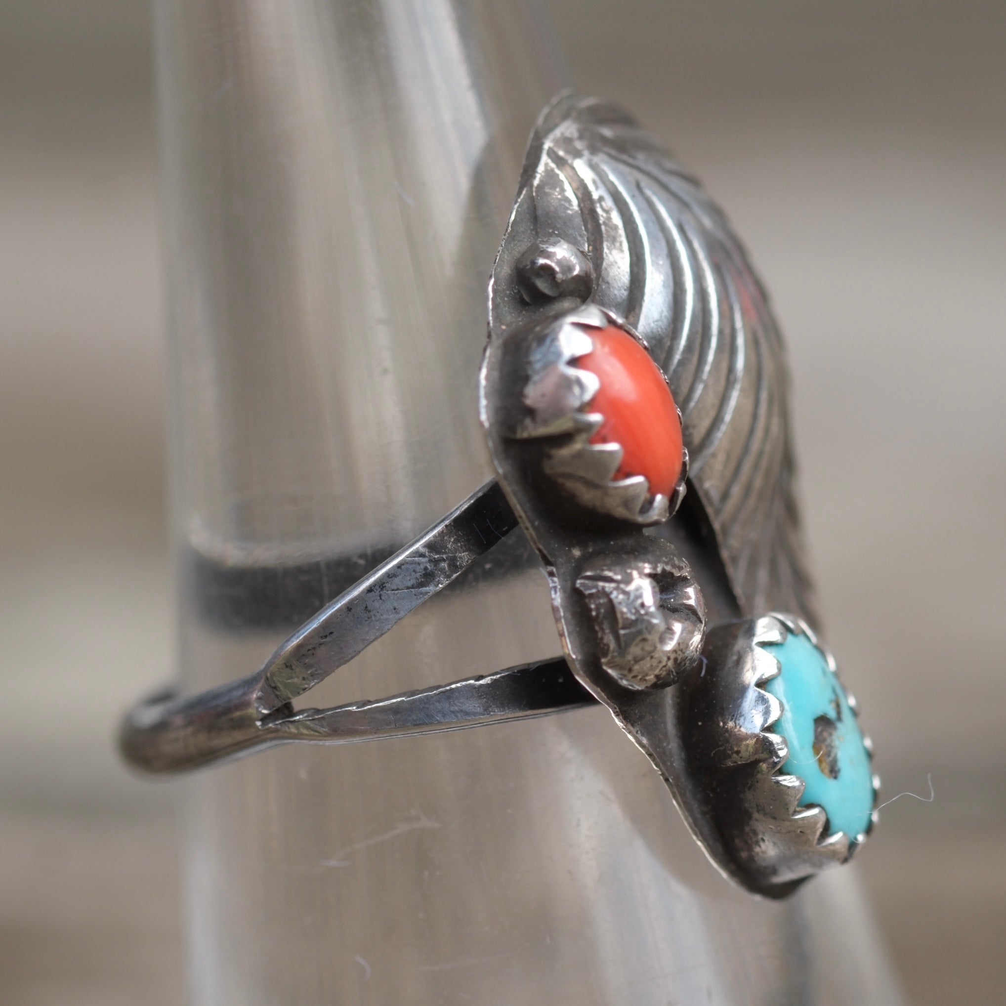 Vintage Sterling Turquoise and Coral Feather Ring 6.25