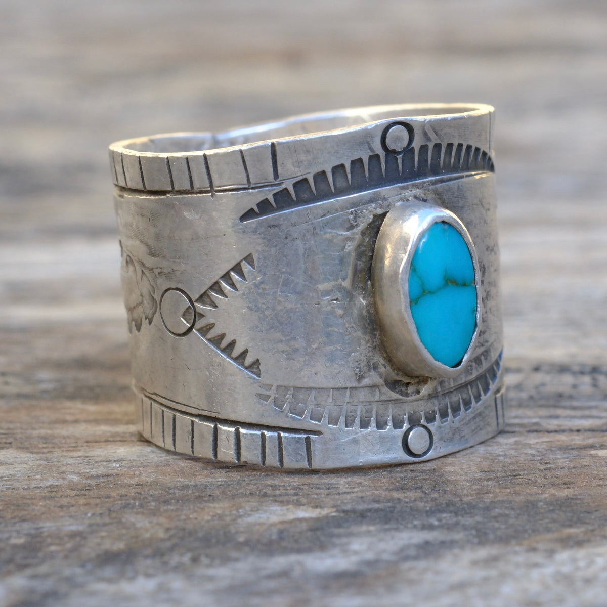 Sterling Silver Lone Mountain Turquoise Stamped Ring 10.5