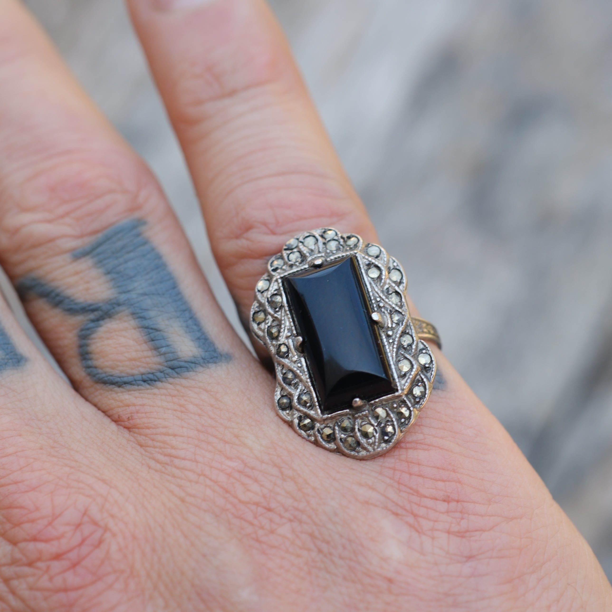 Vintage Sterling Onyx Marcasite Ring 6.75