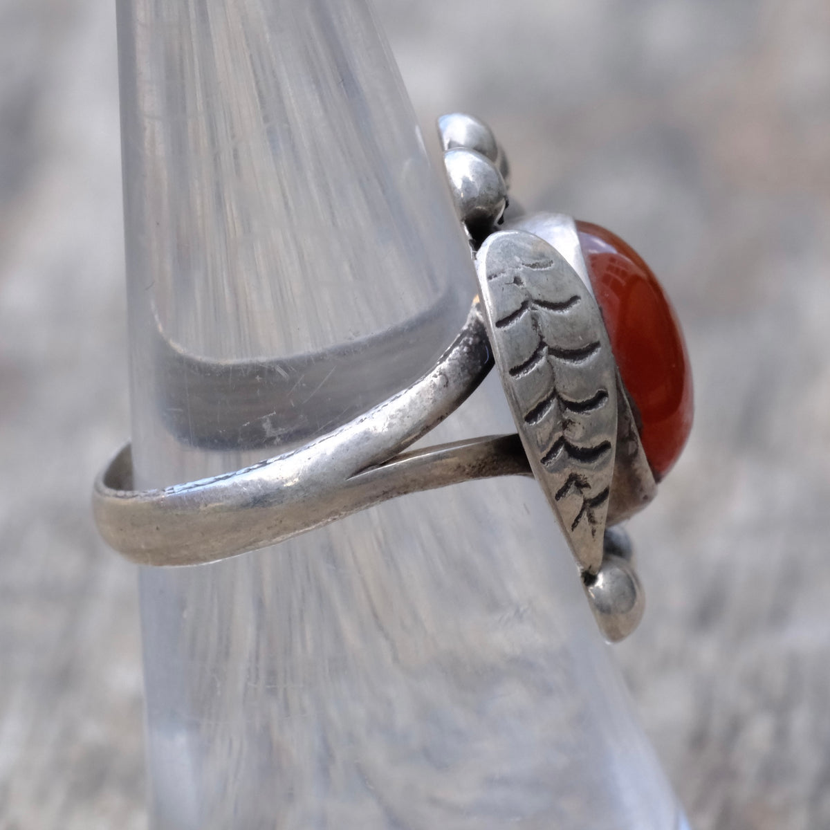 Vintage Sterling Red Glass Feather Ring 6.75