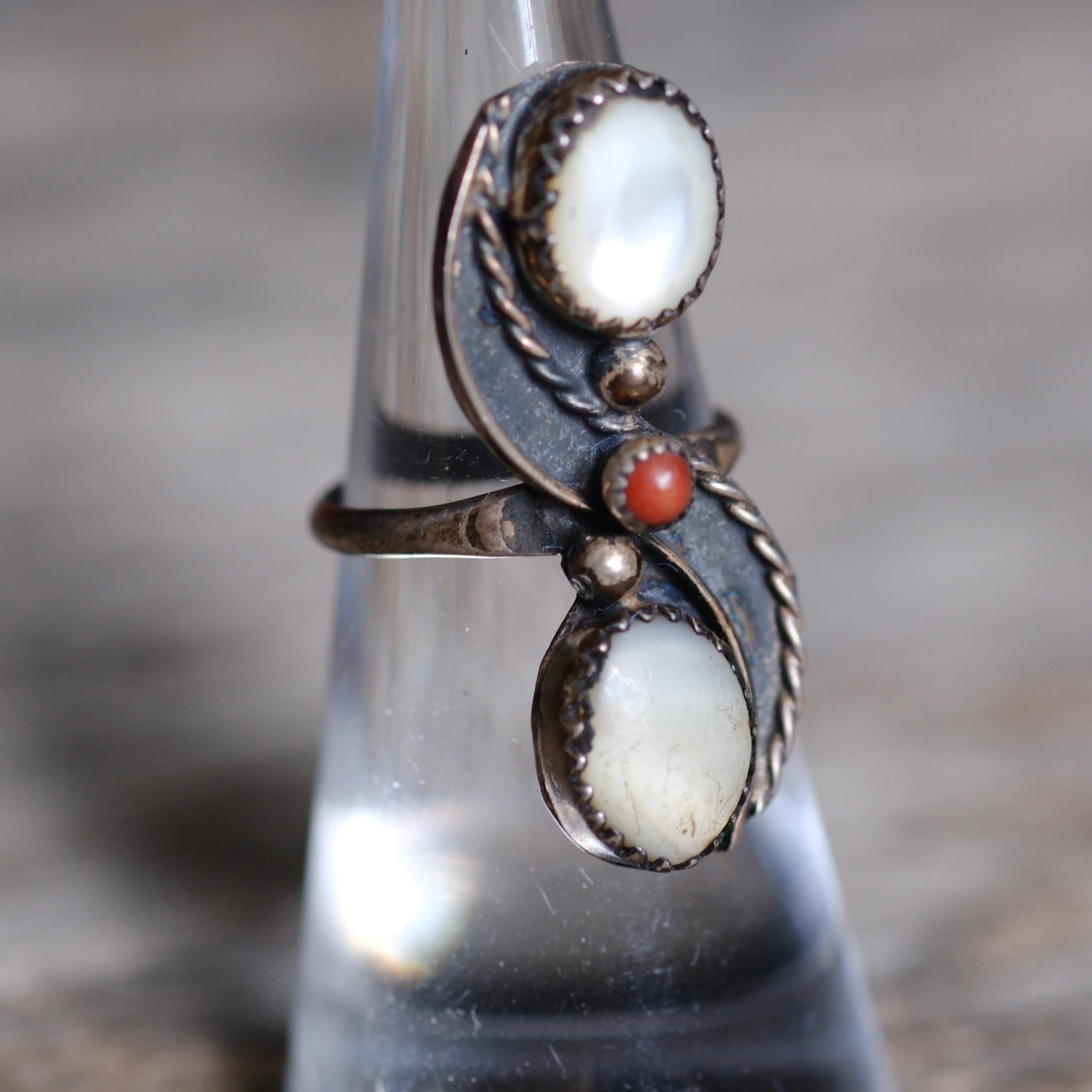 Vintage Sterling Mother Of Pearl and Coral Ring 5.25