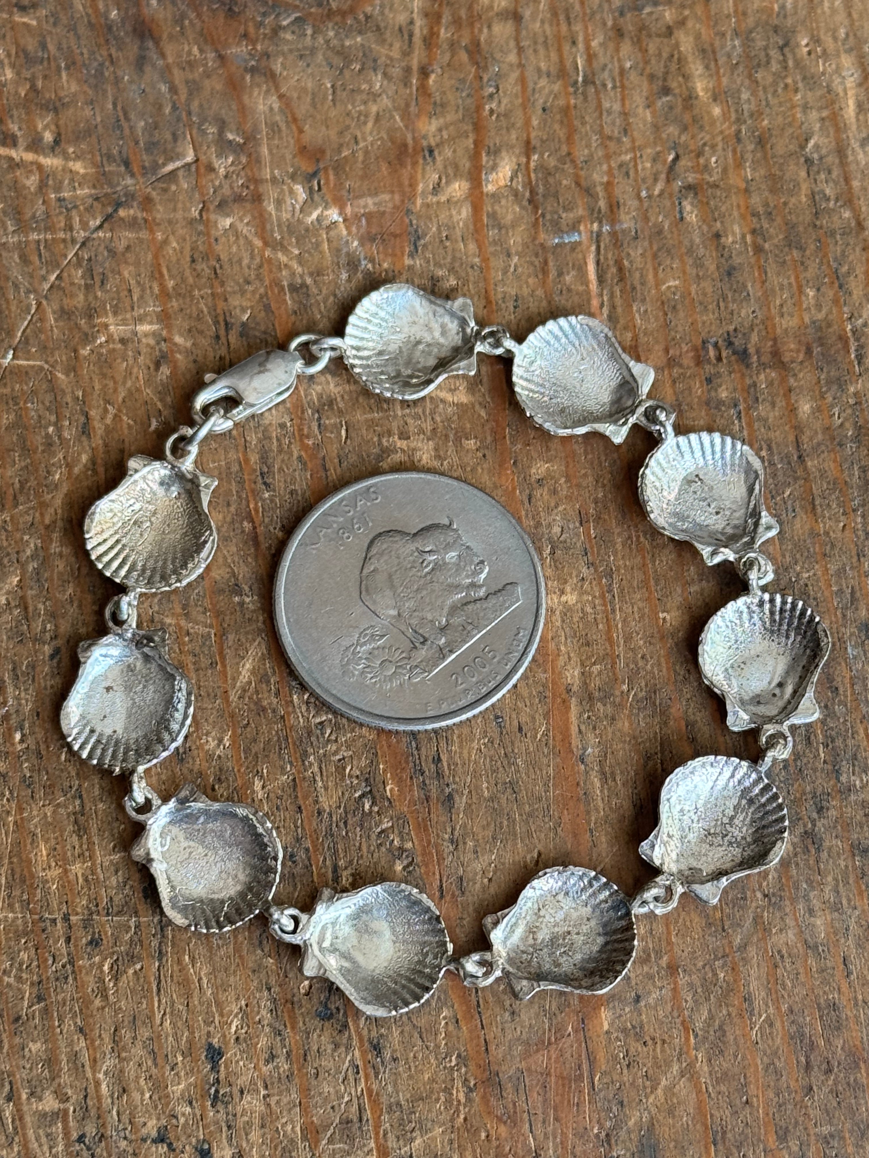 Vintage Sterling Silver 7” Seashell Link Bracelet