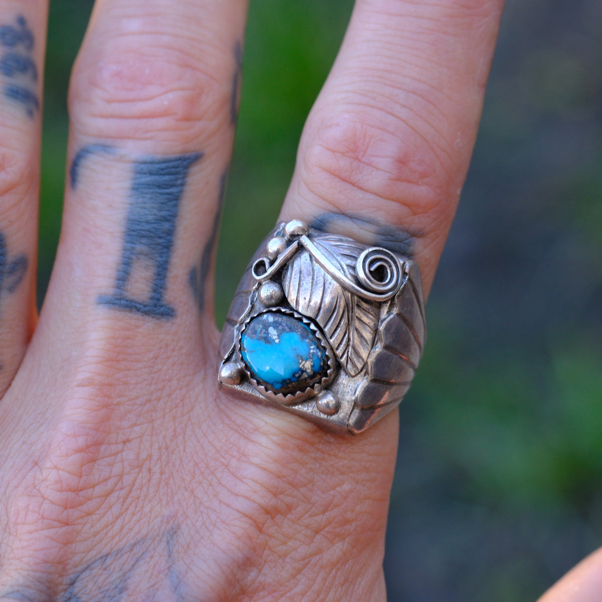 Vintage Sterling Turquoise Feather Ring 11