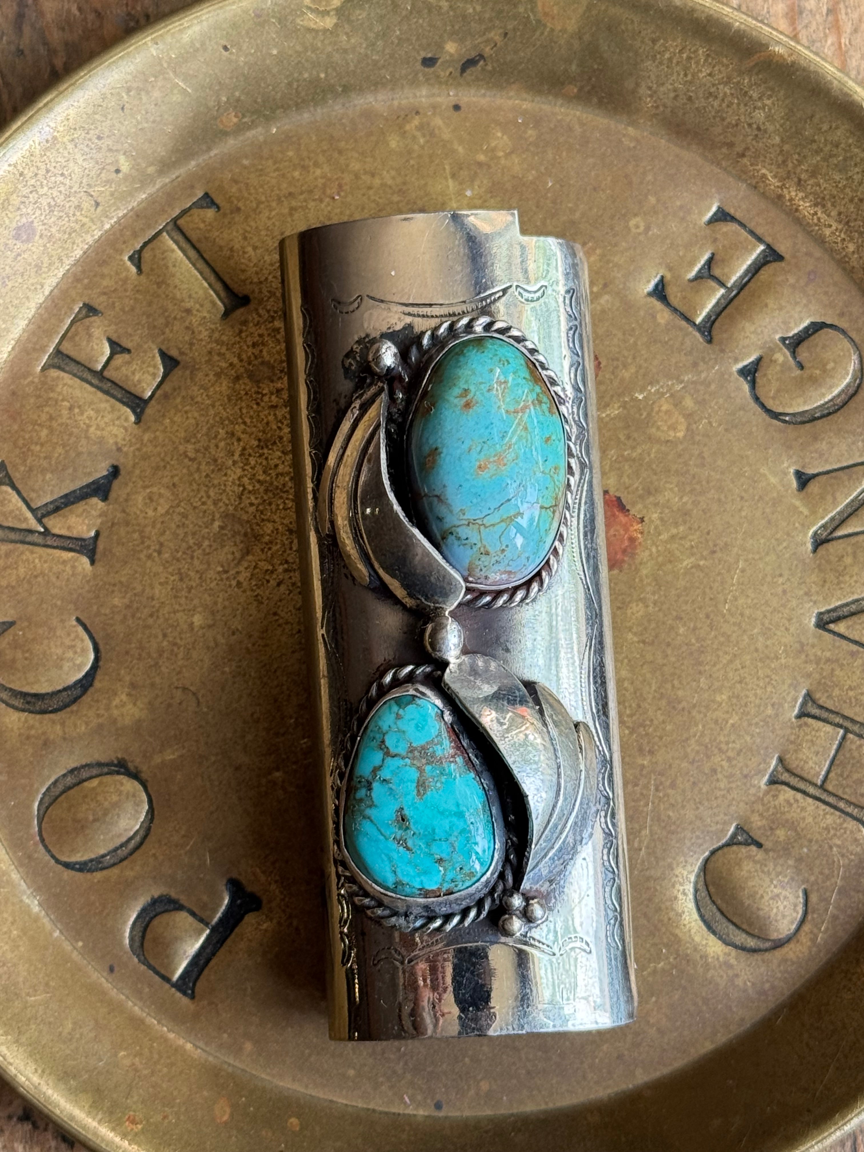 Vintage Stamped Nickel & Sterling Silver Turquoise Lighter Case