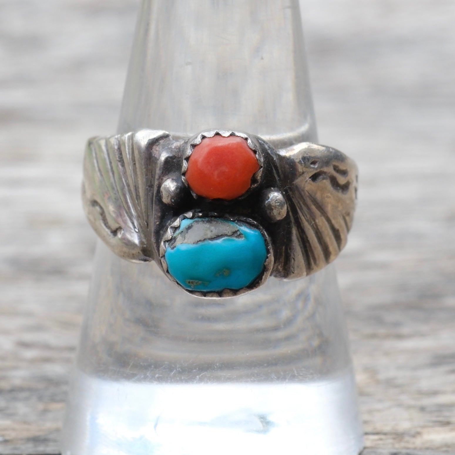 Vintage Sterling Turquoise and Coral Stamped Band Ring 8.75