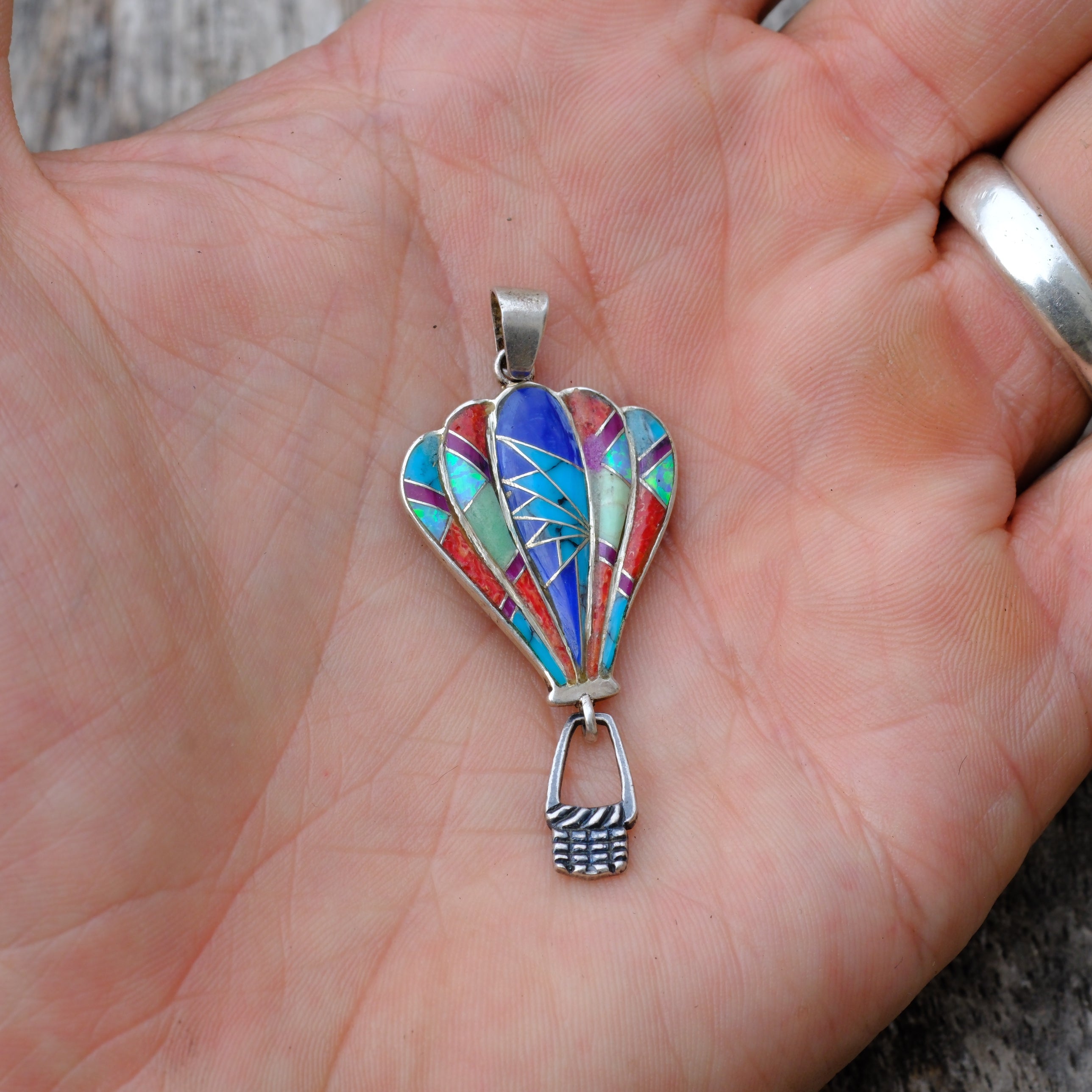 Vintage Sterling Multistone Inlay Hot Air Balloon Pendant
