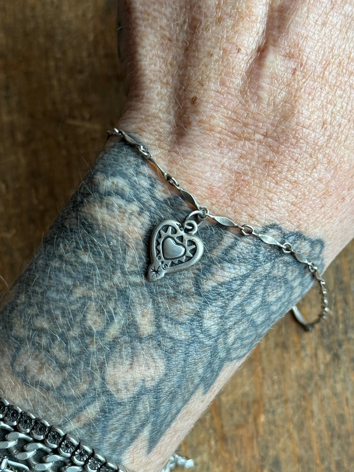 Vintage Sterling Silver Heart Charm Chain Bracelet