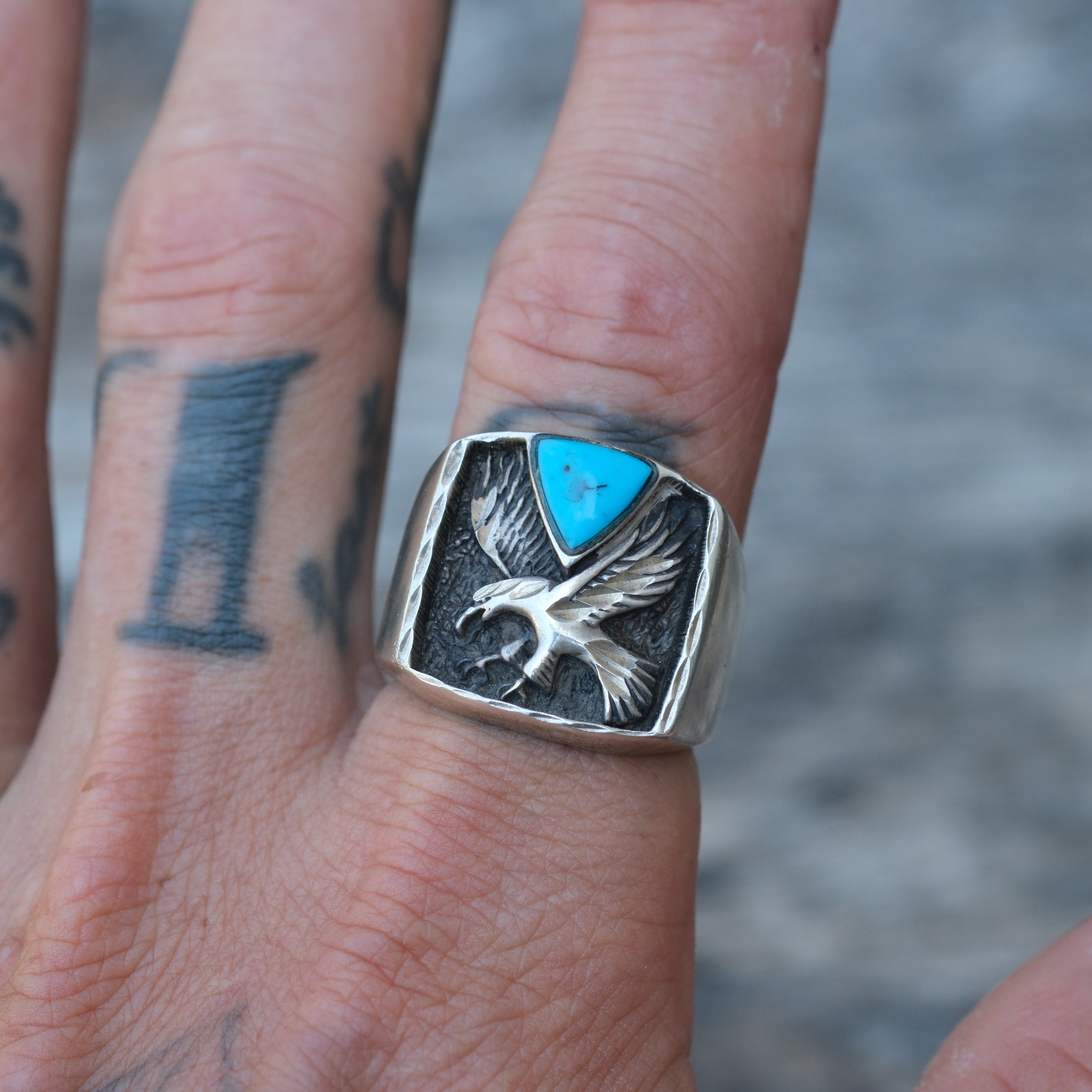 Vintage Sterling Turquoise Eagle Signet Ring 9.75