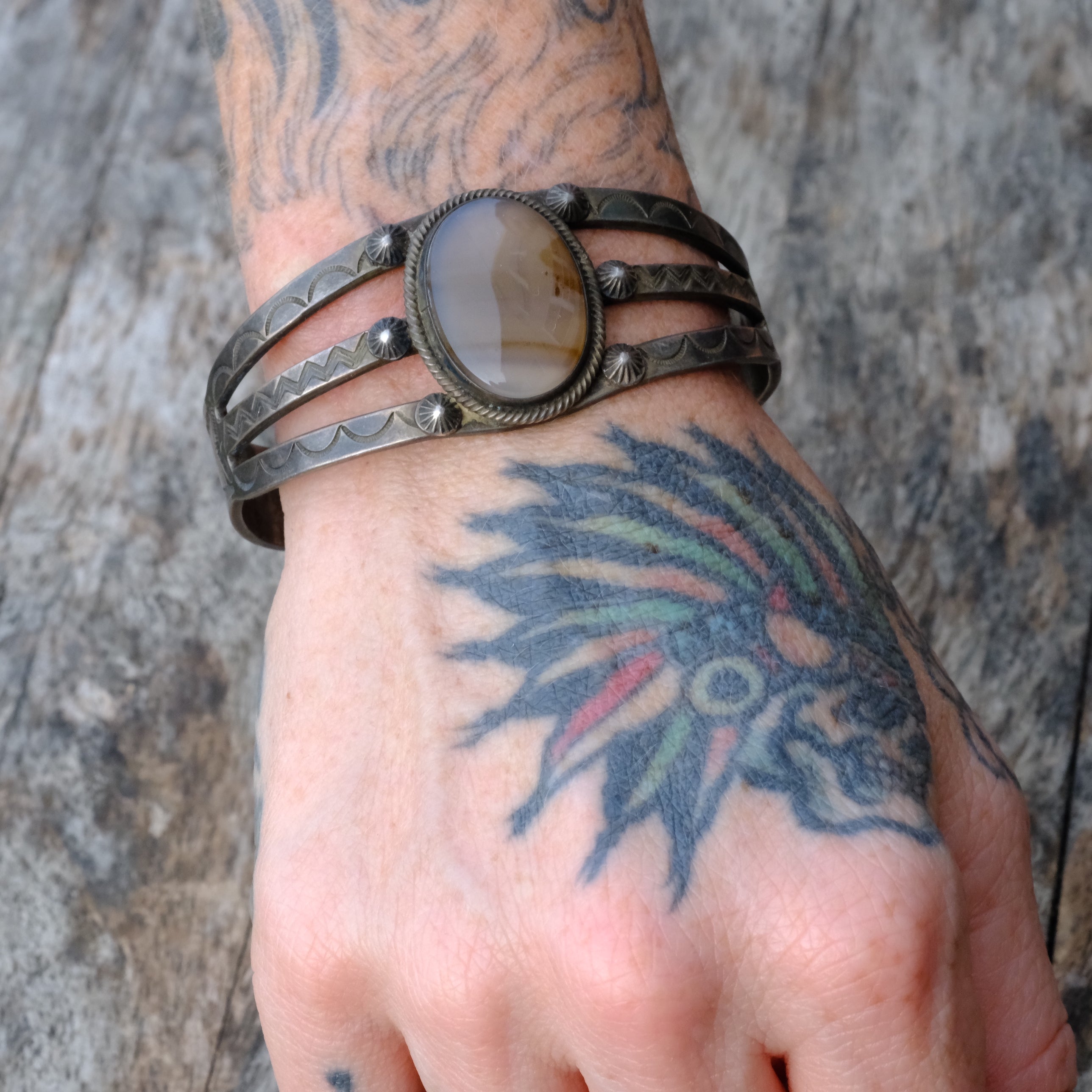 Vintage Sterling Silver Agate Stamped Cuff Bracelet