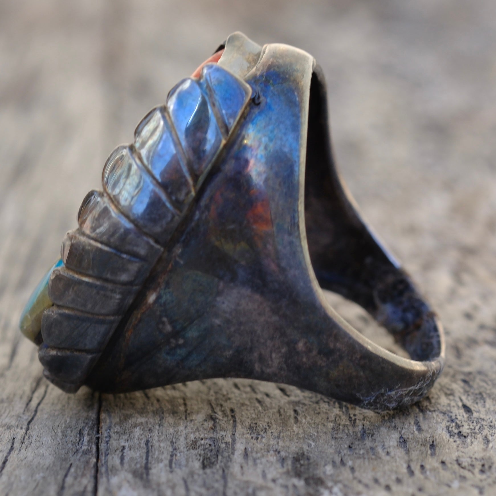 Vintage Sterling Turquoise and Coral Feather Ring 7.5