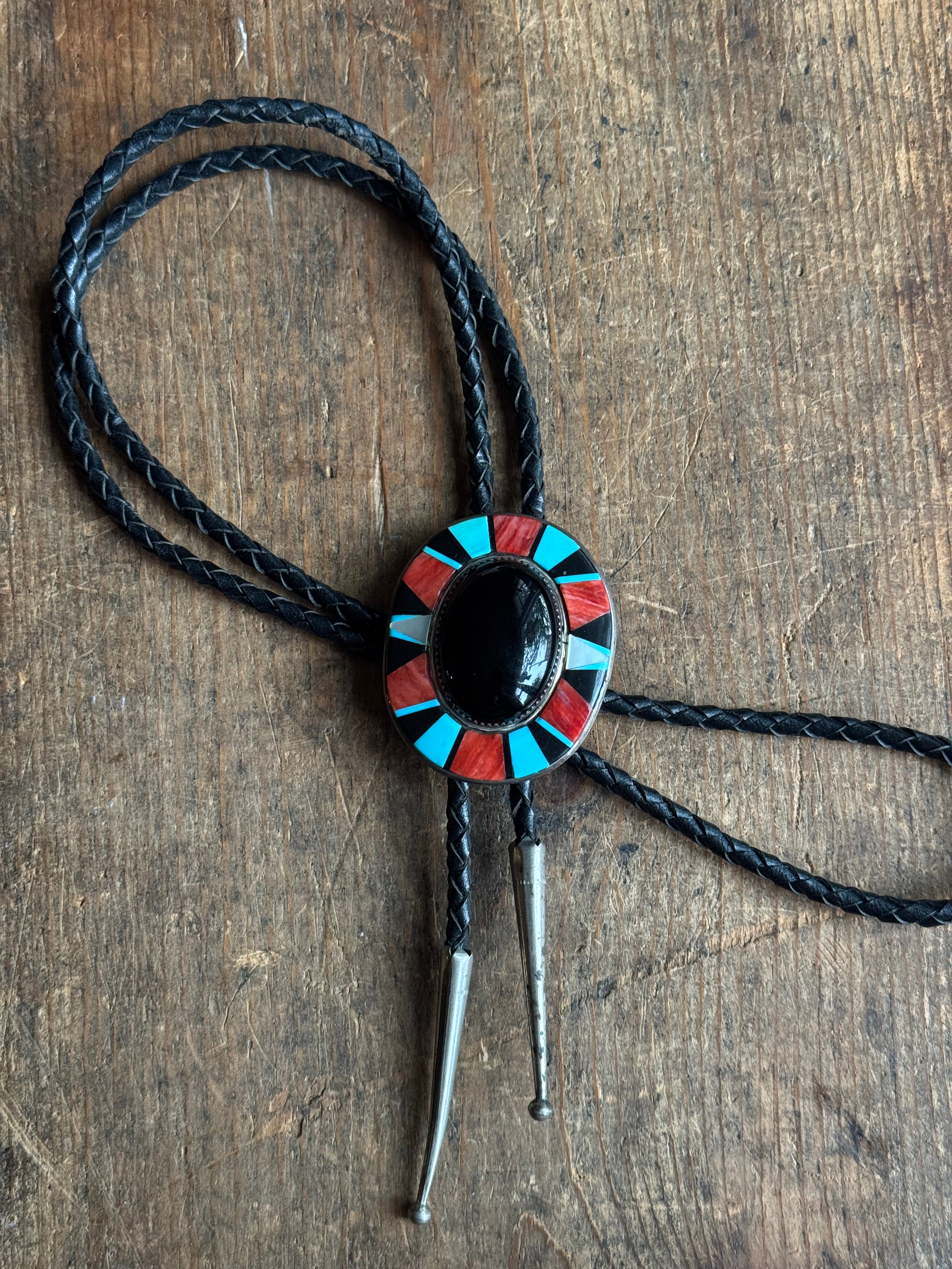 Vintage Sterling Silver Chunky Multistone Inlay Onyx Bolo