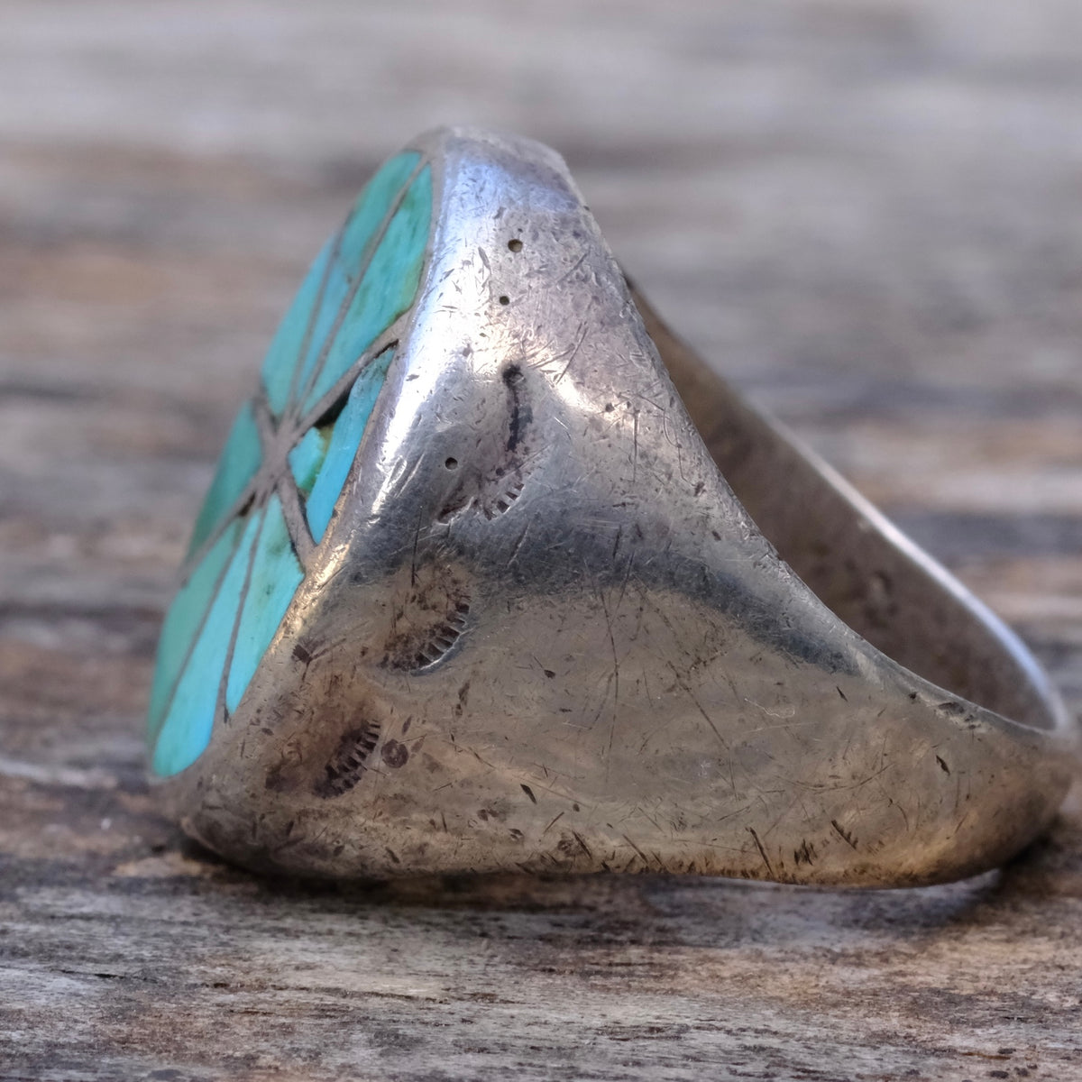 Vintage Sterling Turquoise Pinwheel Stamped Band Ring 9.5