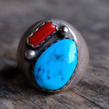Vintage Sterling Turquoise and Coral Ring 10.5