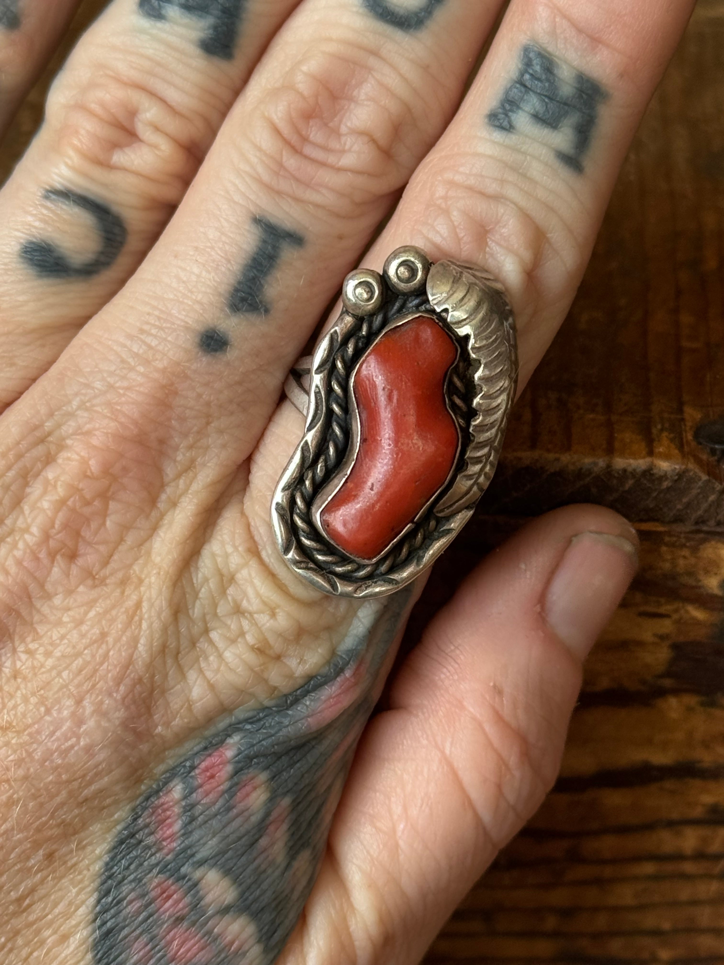 Vintage Sterling Silver Chunky Coral Leaf Ring 6.75