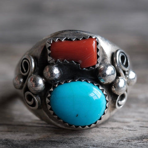 Vintage Sterling Turquoise and Coral Ring 11