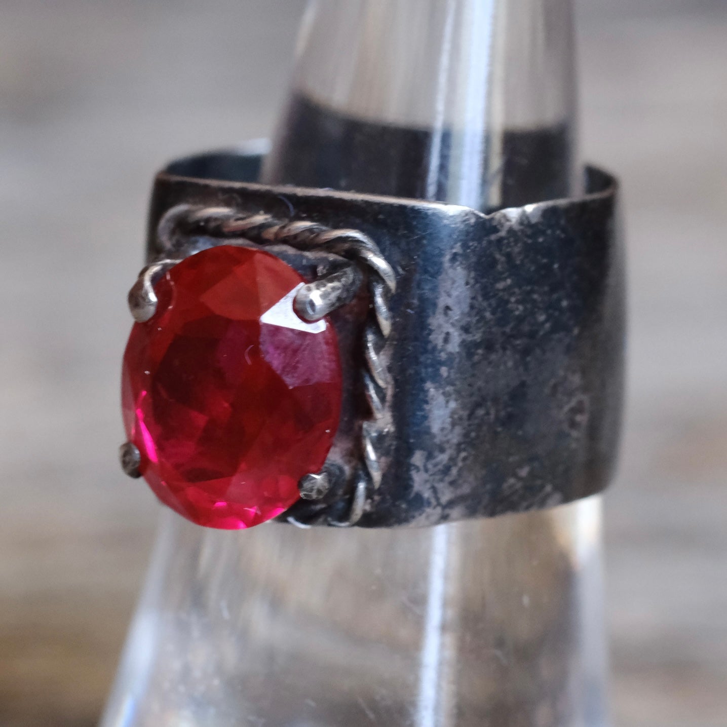 Vintage Sterling Red Glass Ring 7.5