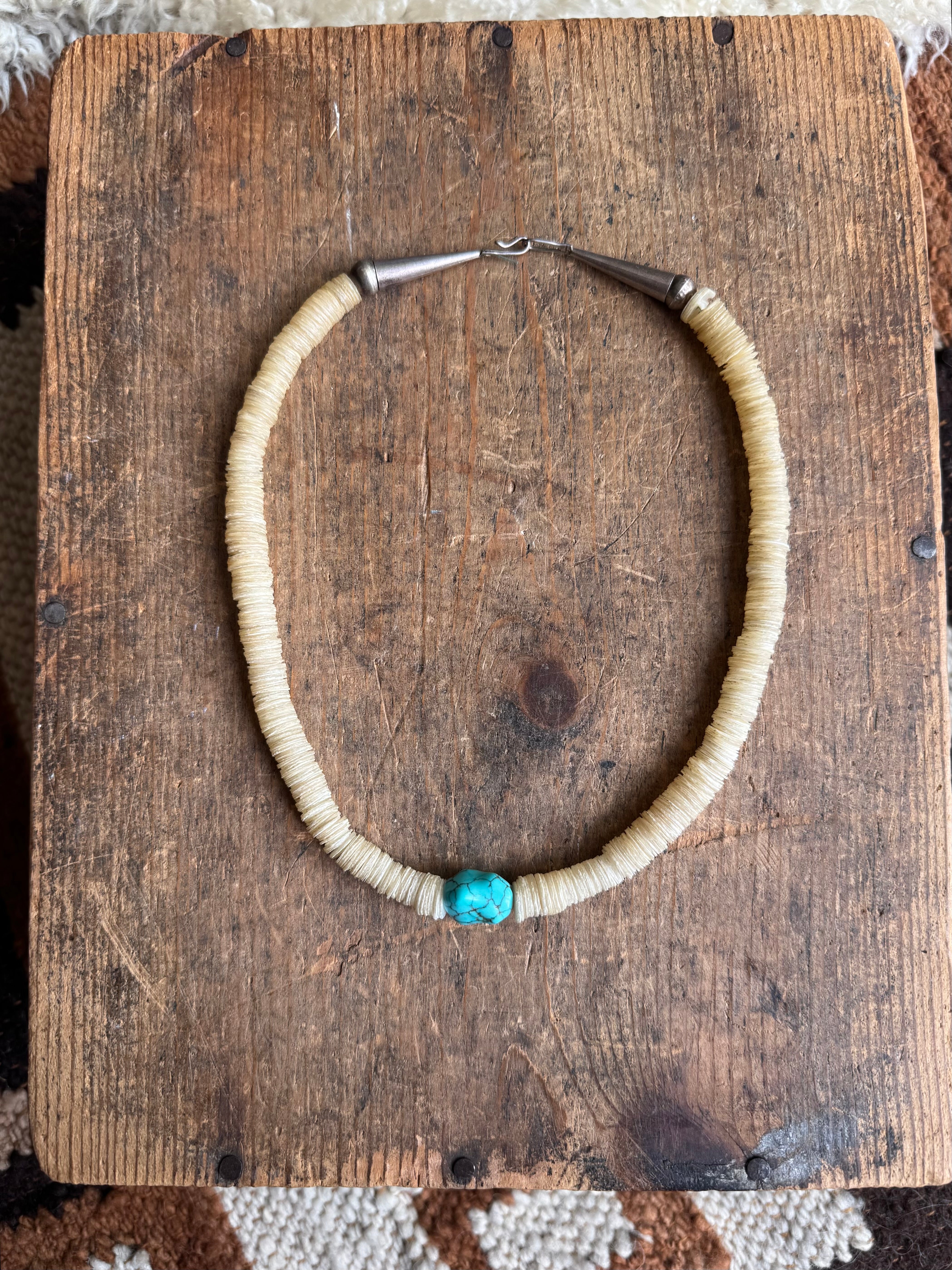 Vintage Sterling Silver Navajo Pearl Shell & Raw Turquoise Necklace
