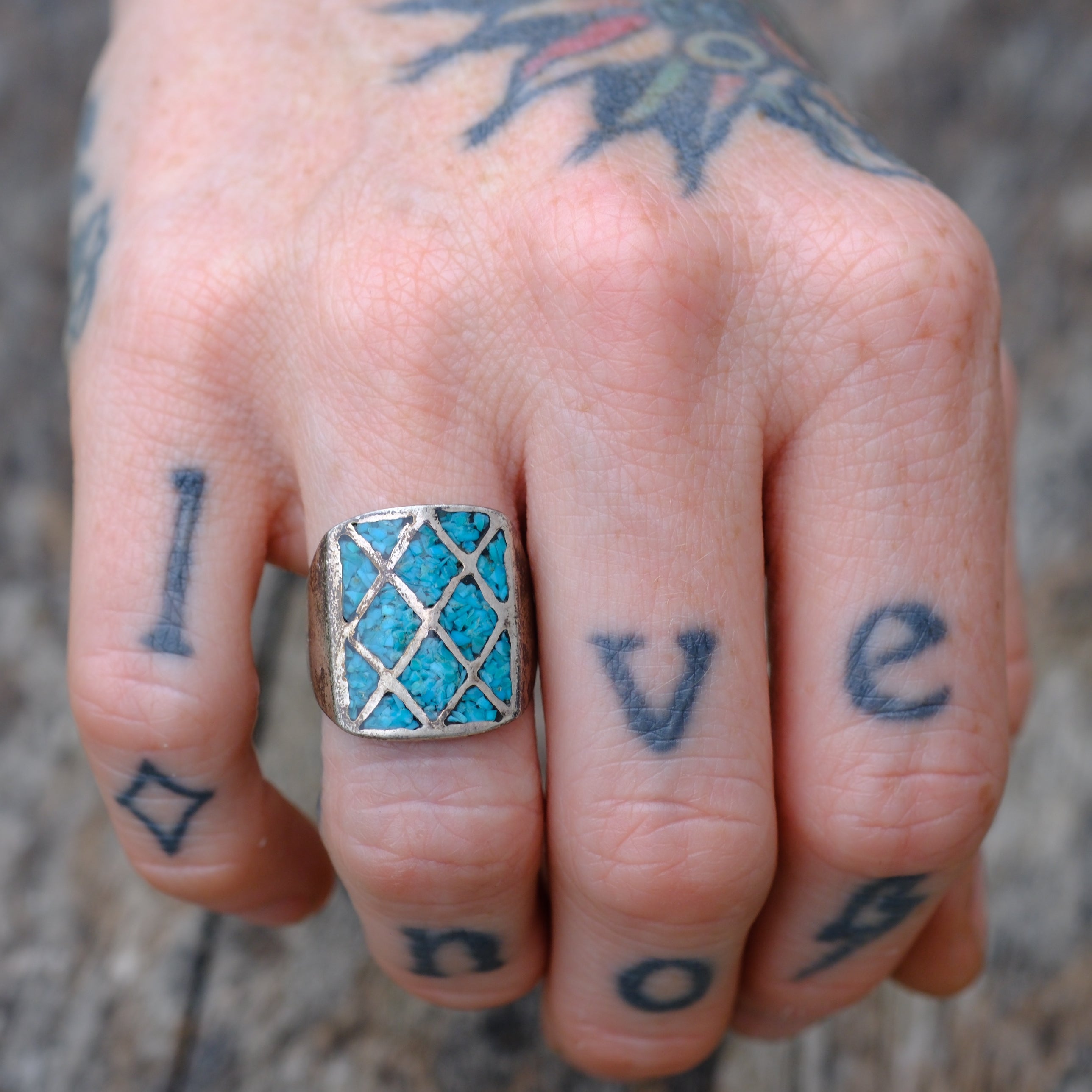 Vintage Sterling Turquoise Inlay Ring 7.25