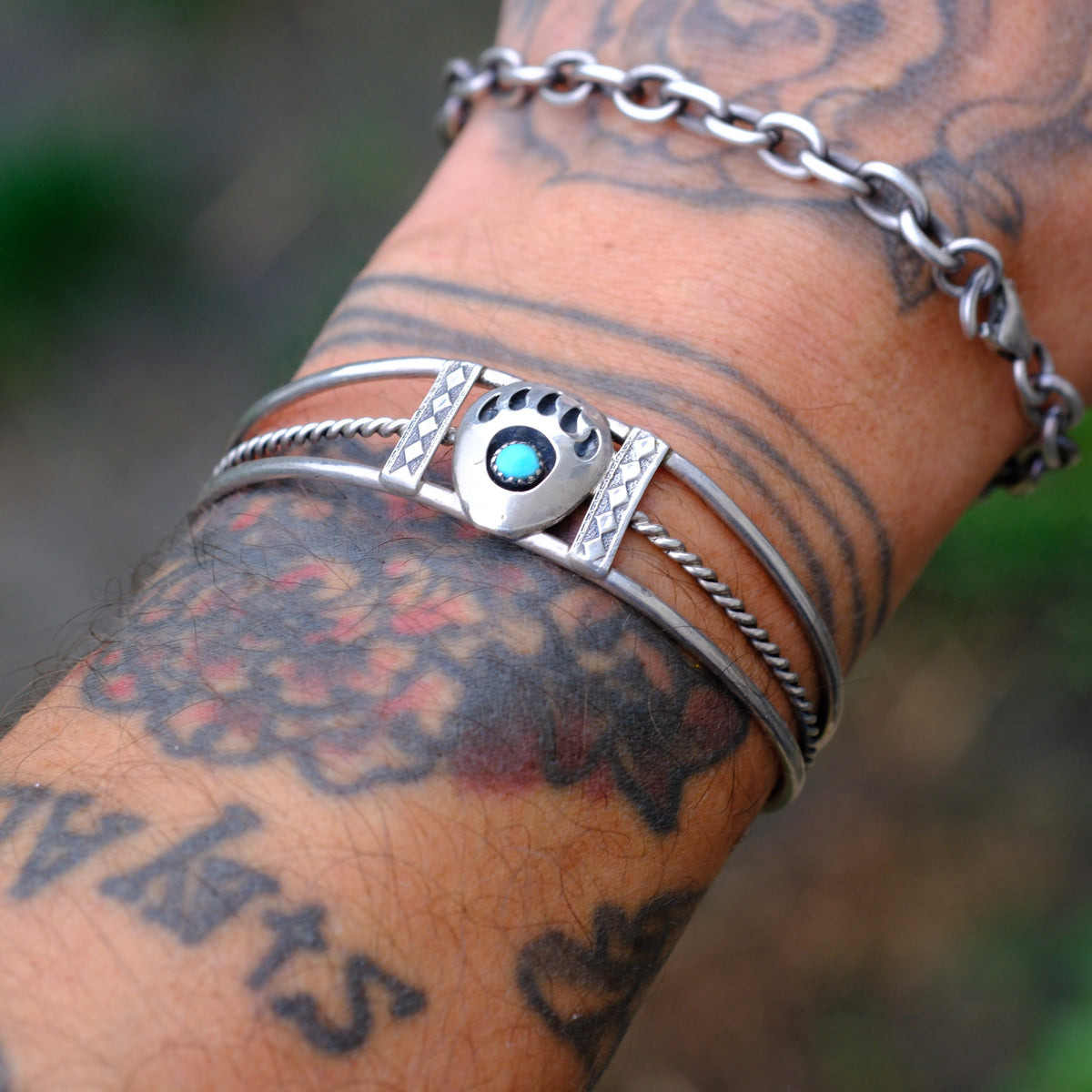Vintage Sterling Turquoise Bear Paw Cuff Bracelet