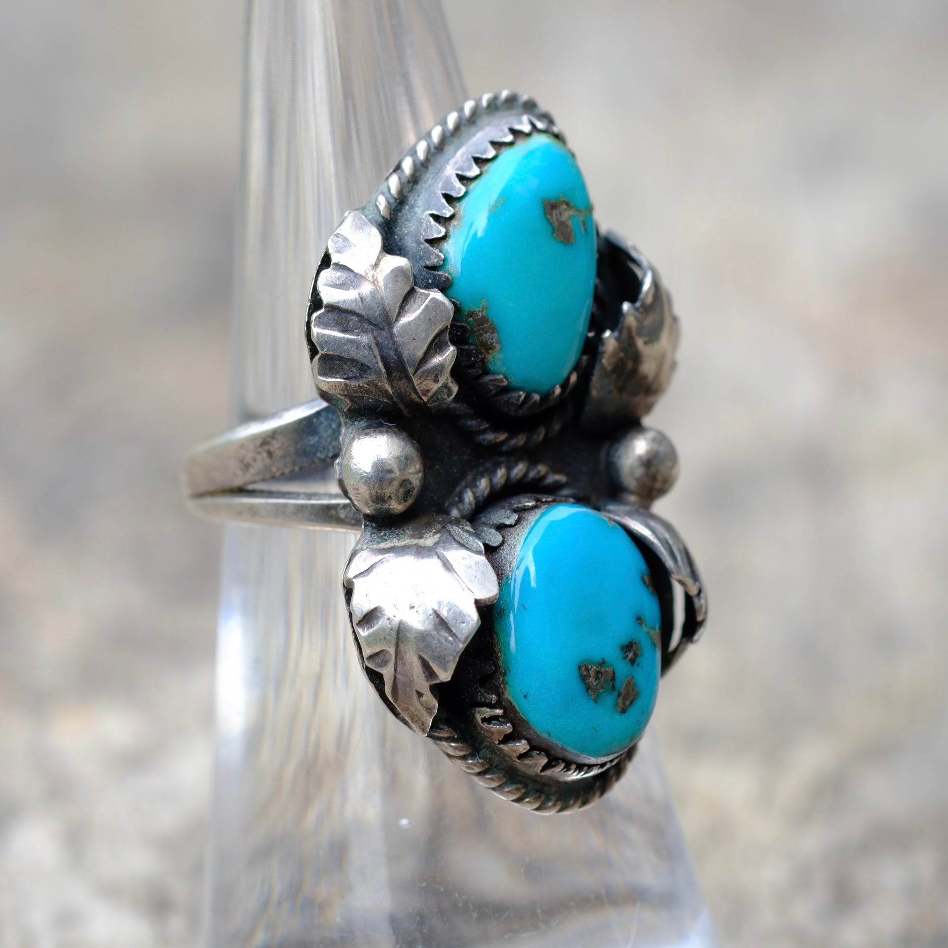 Vintage Sterling 2-Stone Turquoise Feather Ring 5.5