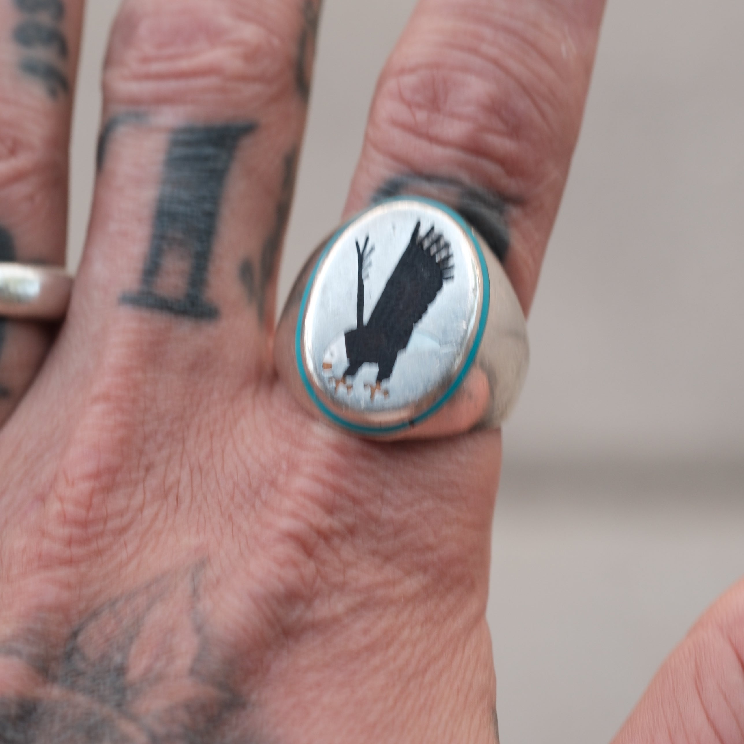 Vintage Sterling Zuni Inlay Eagle Ring 13.5