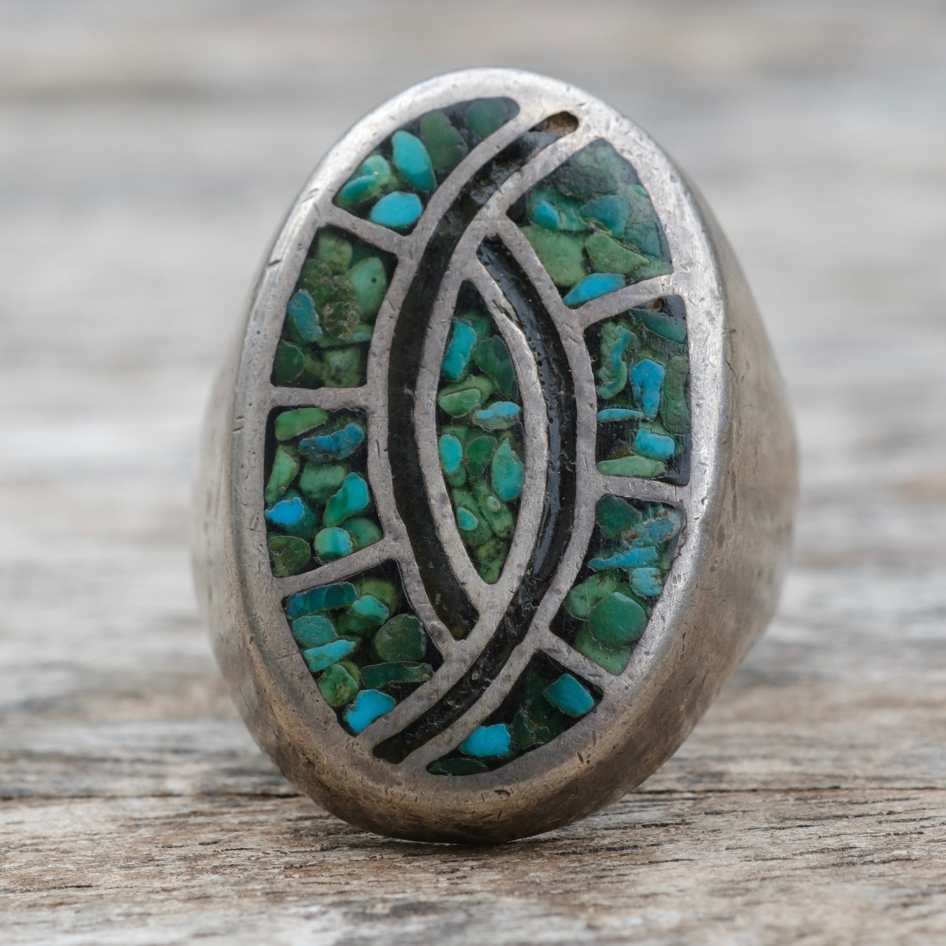 Vintage Sterling Crushed Turquoise Hummingbird Inlay Ring 9.25