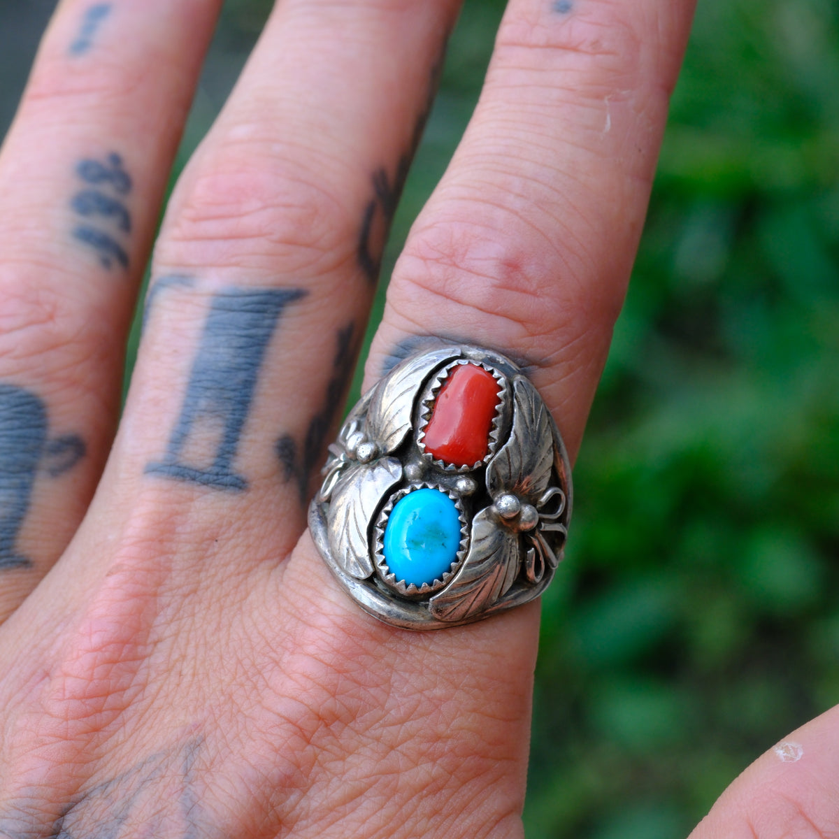 Vintage Sterling Turquoise and Coral Feather Ring 11