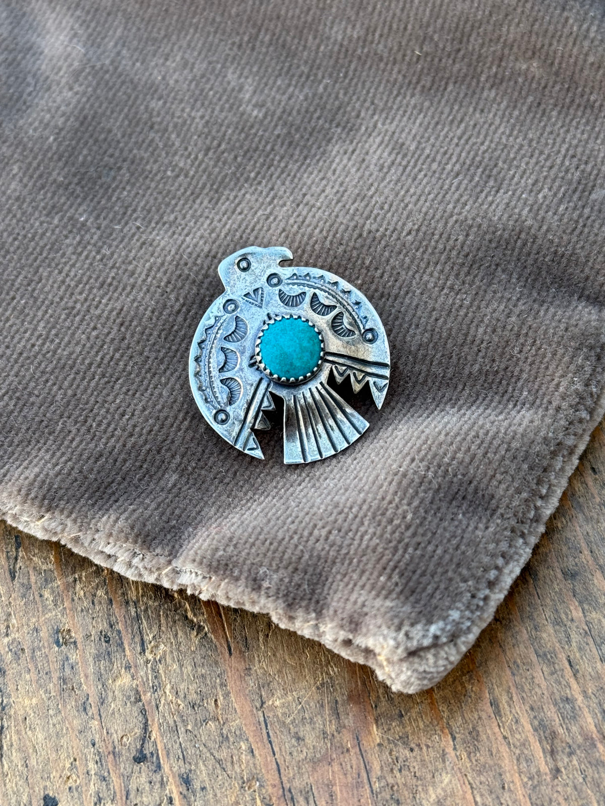 Vintage Sterling Silver Stamped Turquoise Thunderbird Pin