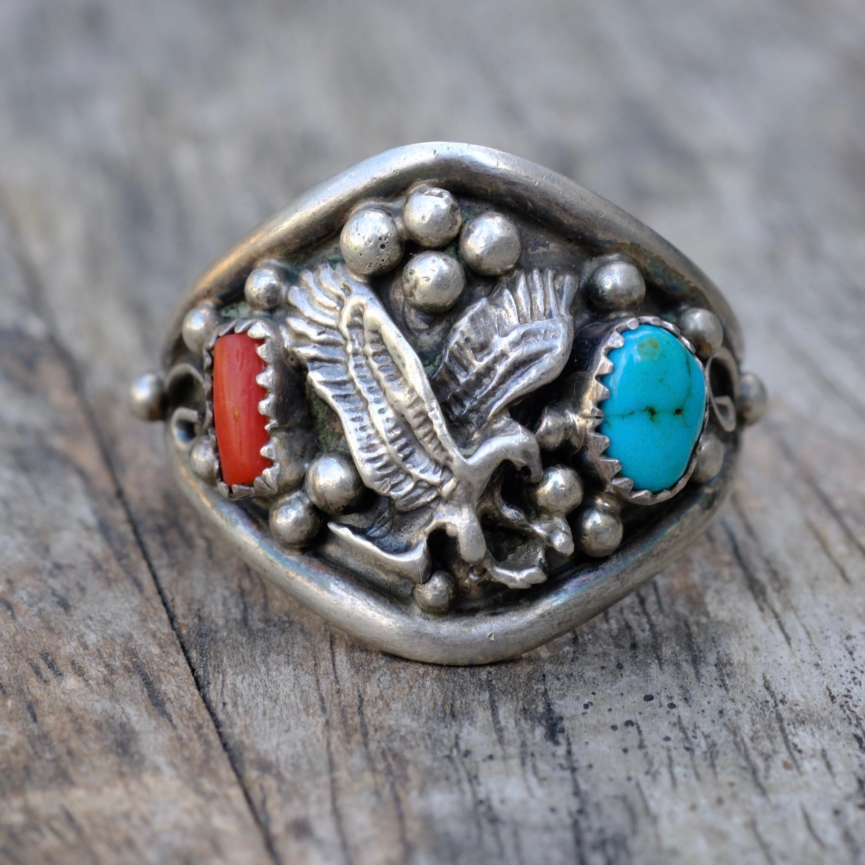 Vintage Sterling Turquoise and Coral Eagle Ring 14.5