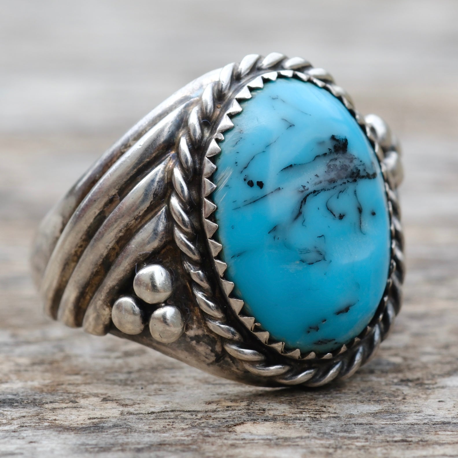 Vintage Sterling Turquoise Roper Ring 10.75