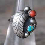 Vintage Sterling Turquoise and Coral Feather Ring 6.5