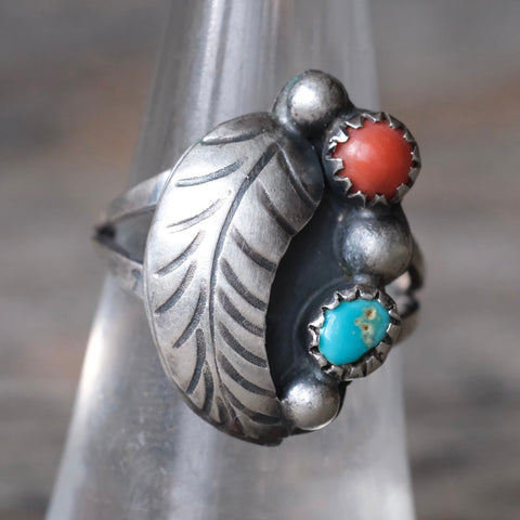 Vintage Sterling Turquoise and Coral Feather Ring 6.5