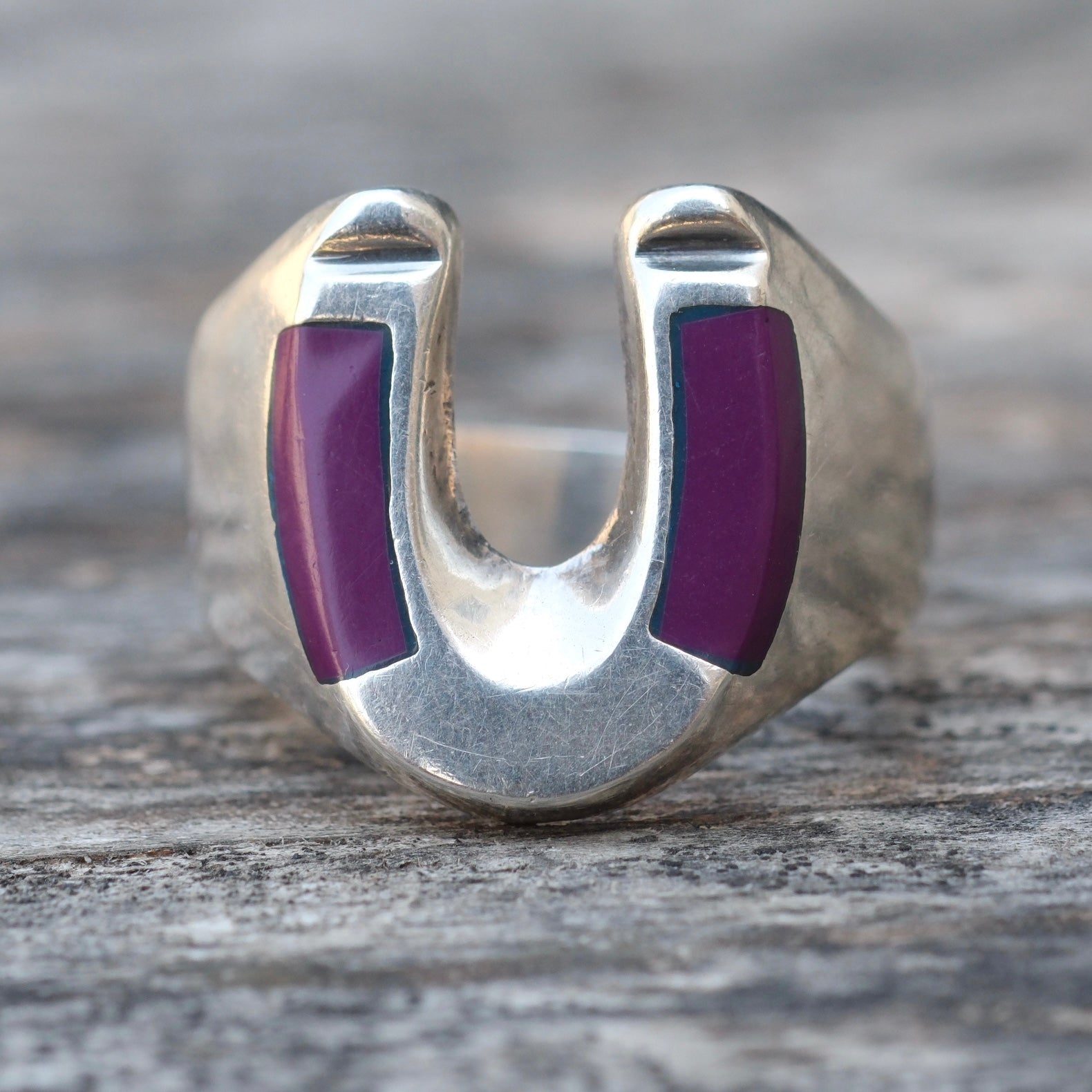 Vintage Sterling Purple Stone Lucky Horseshoe Ring 10.25