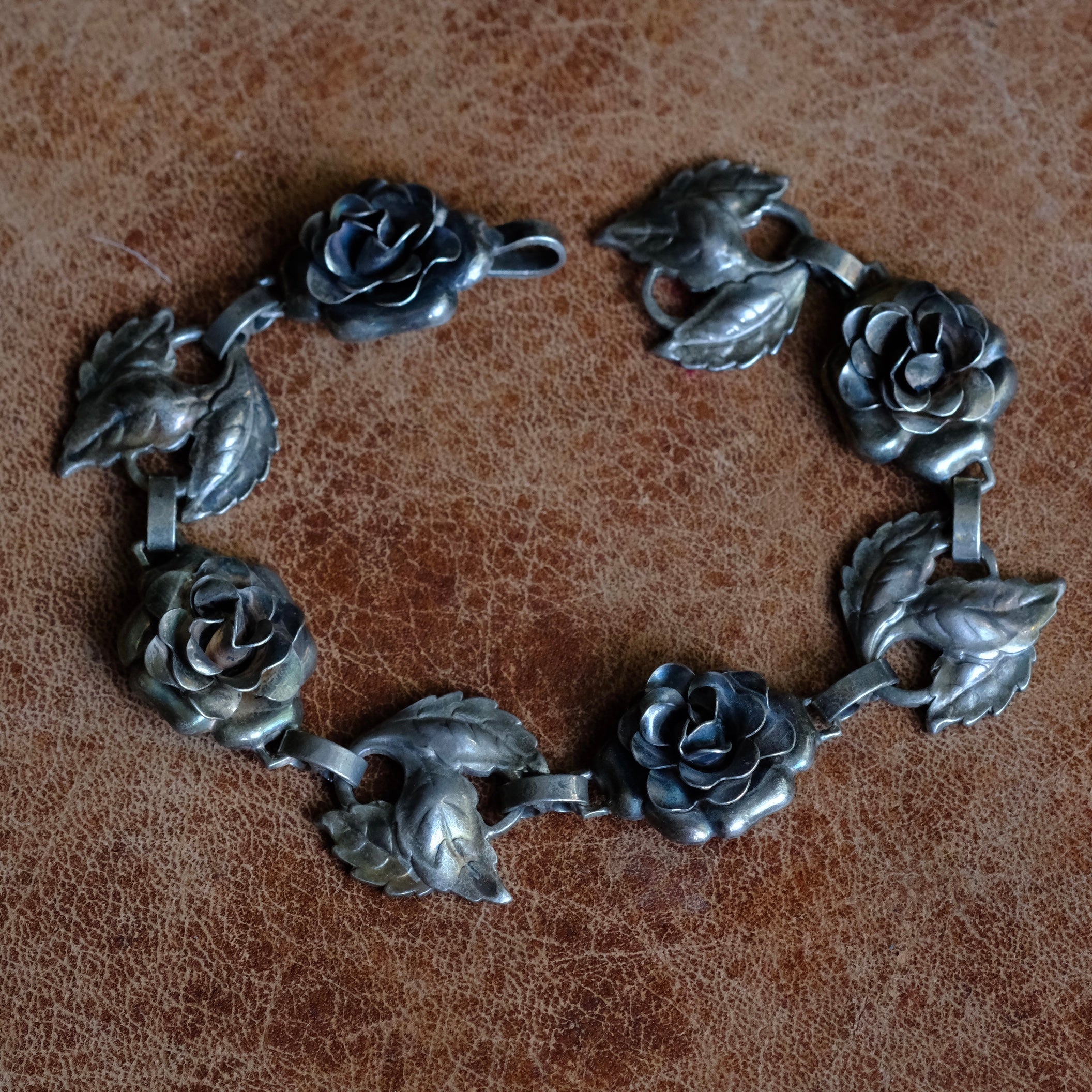 Vintage Sterling Silver Rose Link Bracelet