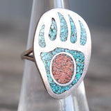 Vintage Sterling Turquoise and Coral Bear Paw Ring 6.75